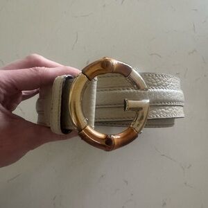 Authentic Gucci Cream Leather Belt with Gold Bamboo G Buckle (85/34)
